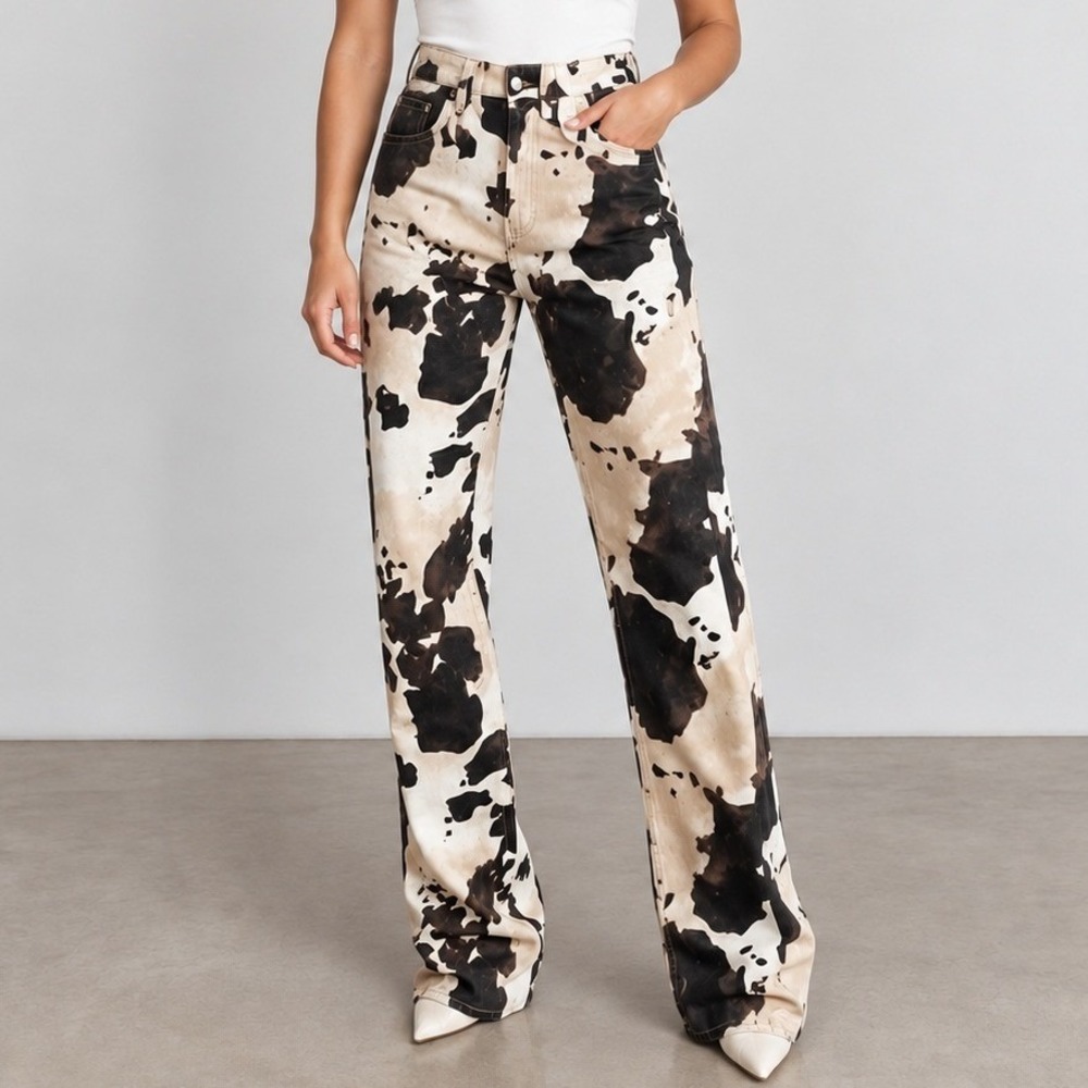 Piral The Cow Print Jeans L Brown Beige High Rise Straight Leg Western Cowgirl